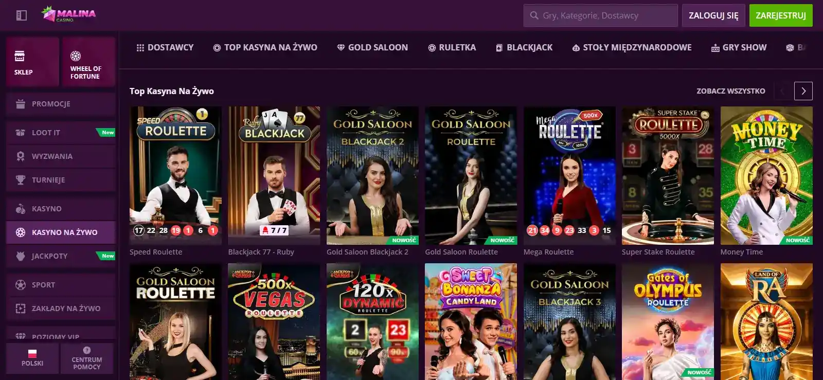 Sekcja Kasyno Na Żywo w interfejsie MalinaCasino