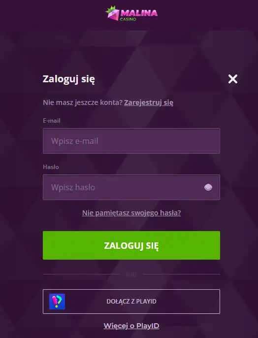 Polski ekran logowania MalinaCasino z linkiem do rejestracji