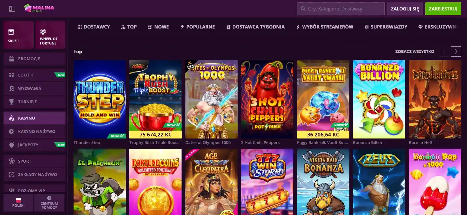 Aktualny katalog gier MalinaCasino z widocznymi kategoriami