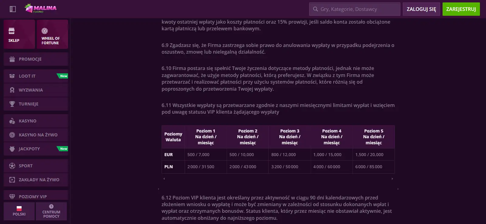 Sekcja regulaminu MalinaCasino dotycząca wypłat i limitów