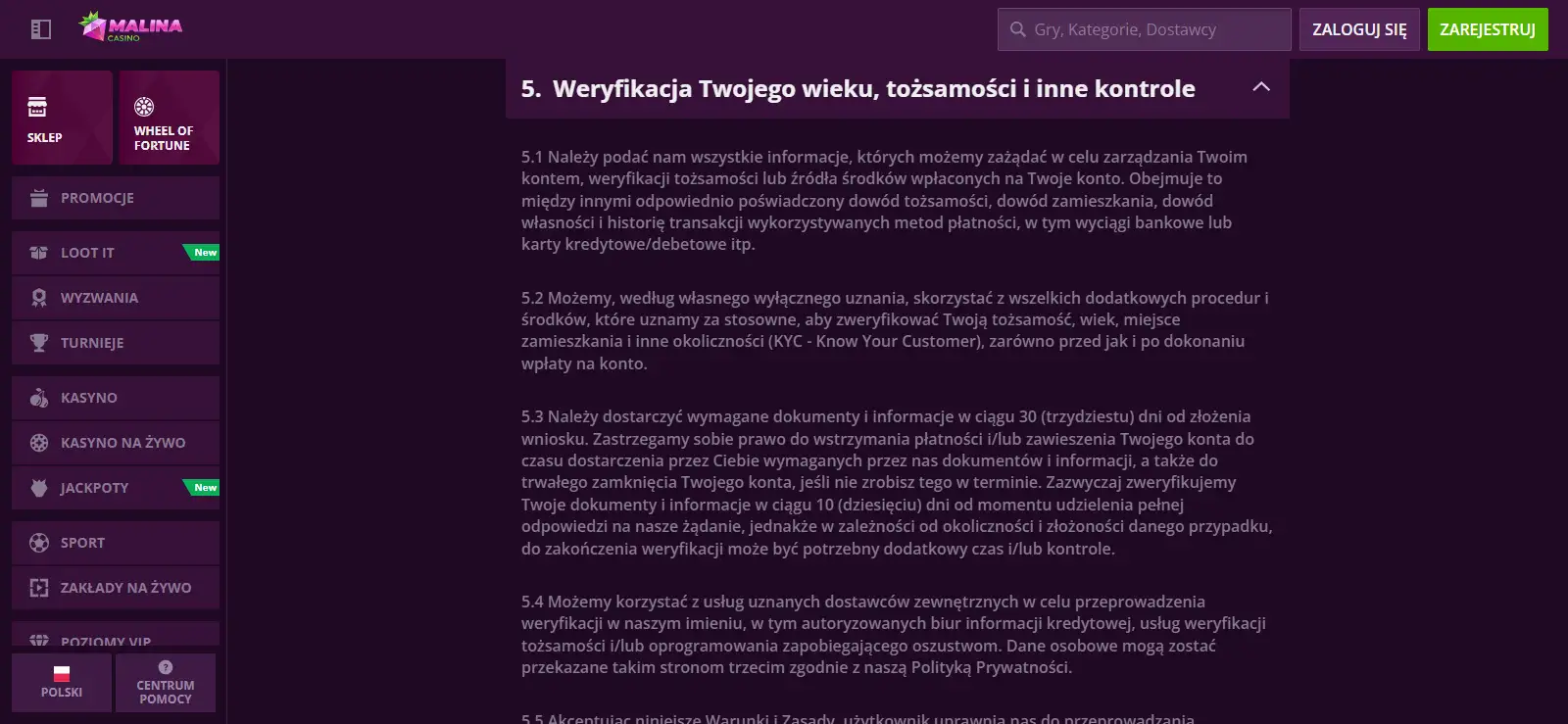 Sekcja regulaminu MalinaCasino opisująca weryfikację KYC