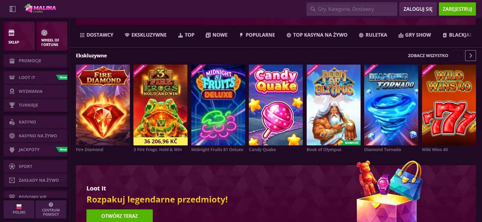 Polska wersja strony MalinaCasino z widoczną nawigacją kasyna